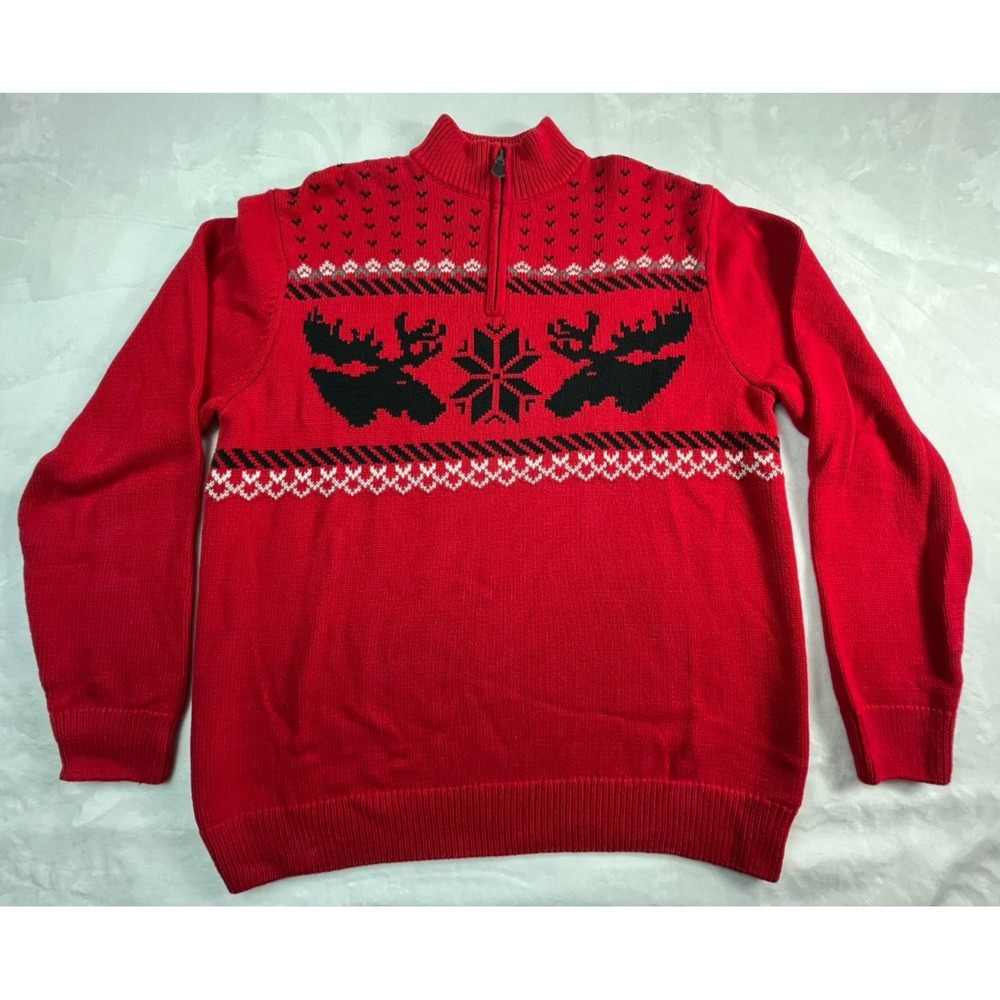 CHAPS Mens L Sweater Red Quarter Zip Holiday‎ Winter Moose Snow Cotton